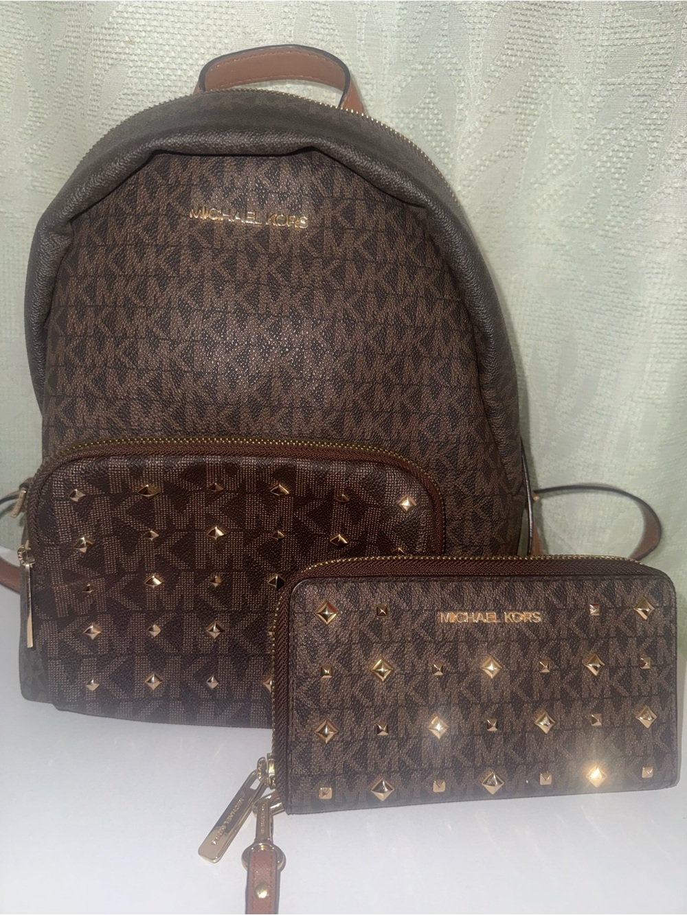 Michael Kors Brown Logo Studded Backpack & Wallet Set